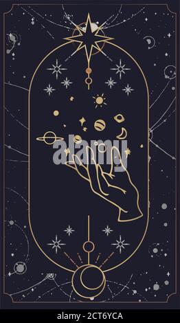 Kosmos Tarot-Karten werden von den Händen Gottes geschaffen. Die Hände sind in einem einfachen flachen Esoteric Boho Stil gesetzt. Esoteric Sammlung von Logos mit verschiedenen symb Stock Vektor
