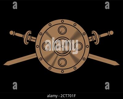 Altnordisch, Wikingerdesign. Zwei gekreuzte Schlacht Wikinger Schwerter und wikinger Schild Stock Vektor