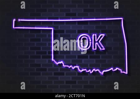 Oklahoma Karte glühende Neonlampe oder Glasröhre auf einem Schwarze Ziegelwand Stock Vektor