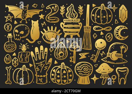 Halloween Clip Art Satz von Elementen. Weihnachtsdruckfarben, Silhouetten. Auge, schwarze Katze, Fledermaus, Hexenhut, Kürbis, Schlüssel, Gift, Kessel, Schädel, Knochen. Stock Vektor
