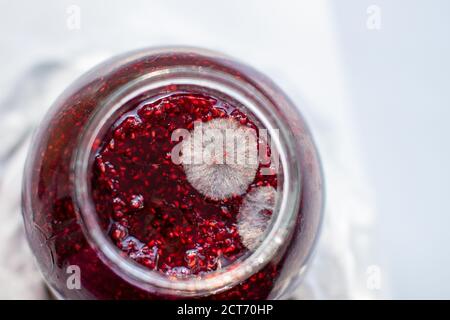 Schimmel in einem Glas Himbeermarmelade. Gesundheitsgefährdend. Stockfoto