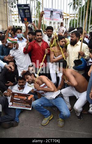 Kalkutta, Indien. September 2020. Die Aktivisten des Westbengalen Pradesh Jugendkongresses protestieren vor dem Raj Bhavan gegen die Bauern im Handel und Handel (Förderung und Erleichterung) und die Bauern im Abkommen über Preissicherung und landwirtschaftliche Dienstleistungen (Empowerment und Schutz) Gesetzentwürfe 2020, Das wurde am 17. Und 20. September von der Lok Sabha und Rajya Sabha jeweils übergeben. (Foto von Biswarup Ganguly/Pacific Press/Sipa USA) Quelle: SIPA USA/Alamy Live News Stockfoto