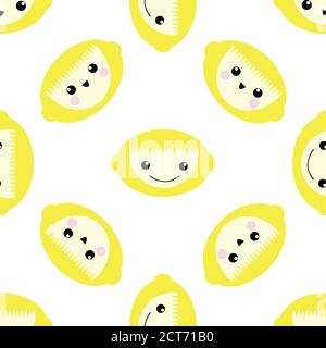 Cute kawaii Zitrone nahtlose Vektor-Muster Hintergrund. Glücklich lächelnd und lachend Frucht Cartoon Gesichter auf weißem Hintergrund. Lustige schrullige Illustration für Stock Vektor