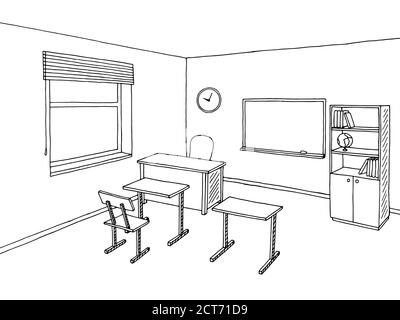 Schule Klassenzimmer schwarz weiß Grafik Kunst Interieur Skizze Illustration Vektor Stock Vektor