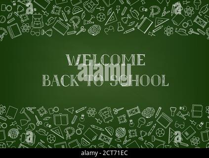 Zurück zu Schule Kreidetafel Tapete. Bildung gezeichnet Symbole Muster. Schule liefert Symbole Doodle Lerninhalte Kreide gezeichnet Doodle Symbole backgrou Stock Vektor