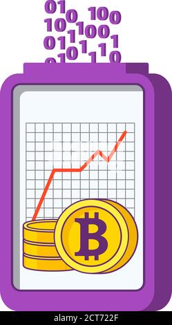 Bitcoin Smartphone.Gold Münzen Symbol. Erträge aus Investitionen. Stock Vektor