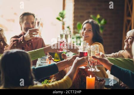 Große freundliche Vielfalt Familie dank Party türkei serviert Abendessen Tisch trinken Sekt sagen Toast Wohnzimmer drinnen Stockfoto