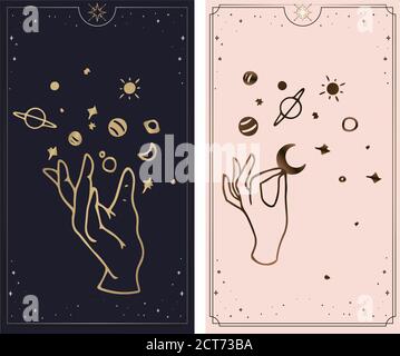 Kosmos Tarot-Karten werden von den Händen Gottes geschaffen. Die Hände sind in einem einfachen flachen Esoteric Boho Stil gesetzt. Esoteric Sammlung von Logos mit verschiedenen symb Stock Vektor
