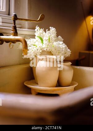 Blumen in Vasen ein Butler Waschbecken mit Messing Hebelhahn. Stockfoto