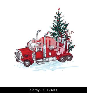 Hand gezeichnet roten LKW mit weihnachtsbaum und Geschenke isoliert auf weißem Hintergrund. Vintage Skizze Weihnachten LKW-Transport. Großes Industrieauto, gigantisch Stock Vektor