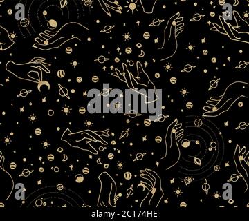 Wiccan nahtloses Muster mit magischen Symbolen. Raum und mystische Objekte, Spiritualität und Okkultismus, ideal für Textilien, Zauberläden, Wahrsager, Stock Vektor