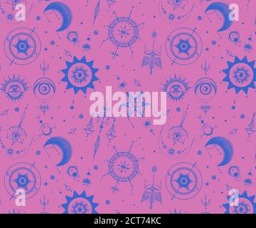 Mystisch, magisch, Hintergrund. Religion und Okkultismus mit esoterischen und freimaurerischen Symbolen. Mittelalterliche Manuskripte inspiriert. Vektor nahtloses Muster in Retr Stock Vektor