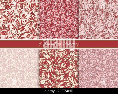 Set mit 6 nahtlose Blumenmuster mit Blättern und Beeren in weinroten, rosa und cremefarbenen Farben, handgezeichnet und digitalisiert. Design für Tapete, Textil, Stoff, Verpackung, Hintergrund. Stock Vektor