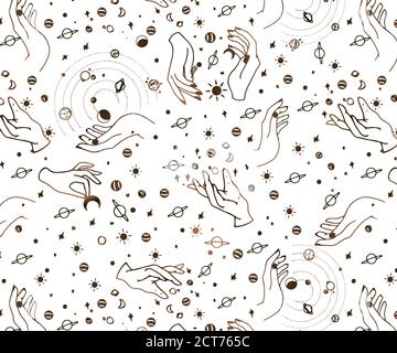 Wiccan nahtloses Muster mit magischen Symbolen. Raum und mystische Objekte, Spiritualität und Okkultismus, ideal für Textilien, Zauberläden, Wahrsager, Stock Vektor