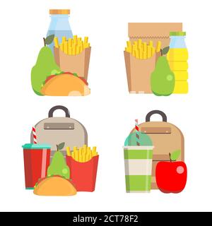 Lunchbox mit Käse-Sandwich, Tomatenscheiben, Kartoffelchips, Papiertüte für Schule oder Arbeit Set. Abendessen Mittagessen Container mit Snacks, Mahlzeiten hausgemachte Speisen. Stock Vektor