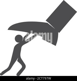 Business Concept Icon in Schwarz und Weiß. Mann widersteht riesigen Fuß. Vektorgrafik. Stock Vektor