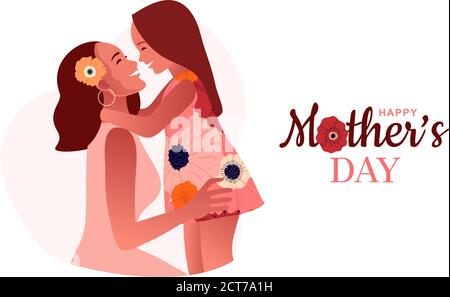 Alles gute zum Muttertag. Mama umarmt ihre Tochter. Liebe der Mutter Stock Vektor