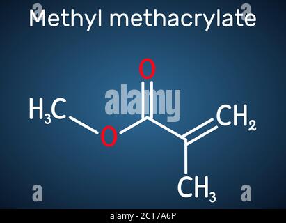 Methylmethacrylat, MMA-Molekül. Es ist Methylester von Methacrylsäure, ist Monomer für die Herstellung von Poly (Methyl-Methacrylat). Dunkelblauer Rücken Stock Vektor