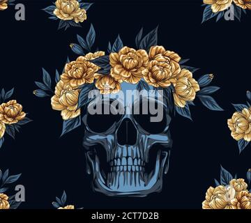 Textil-Muster Metall-Totenkopf mit floralen goldenen Rosen Kranz, Tag tot Tag Vektor Illustration für Konzept Poster Design. Stock Vektor