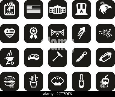 4. Juli Icons Weiß auf Schwarz Flat Design Set Groß Stock Vektor