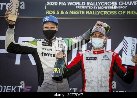 BAUMANIS Janis (LVA), Team Stard (AUT), Ford Fiesta, Portrait, Projekt E, RAYMOND Cyril (FRA), Team Stard (AUT), Ford Fiesta, Action Podium Ambiance d Stockfoto