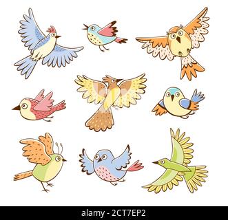 Sammlung von verschiedenen Vögeln in fliegender Pose. Bunte Vögel isoliert auf weißem Hintergrund. Cartoon-Stil. Handgezeichnete Vektorgrafik. Stock Vektor