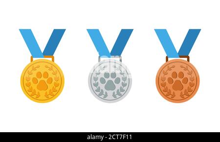 Münze Gold, Silber und Bronze Medaille mit Pfote Symbol. Pfotendruck. Tierwettbewerb. Vektor auf isoliertem weißem Hintergrund. EPS 10. Stock Vektor