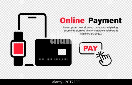 Online-Shopping oder E-Commerce-Symbol. Konzepte für mobiles Bezahlen. Smartphone, Bankkarte und Pointer mit Button Pay. Überweisen Sie Geld von der Karte. Vektor Stock Vektor