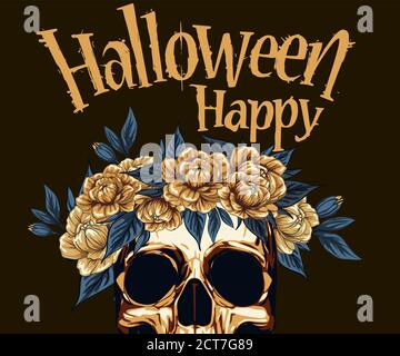 Metall Totenkopf mit floralen goldenen Rosen Kranz, Dia Muertos Day tot Vektor Illustration in spanisch für Konzept Poster Design Stock Vektor