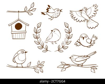 Handgezeichnete niedliche Vogel-Icons und Dekorationselemente, isoliert auf weißem Hintergrund. Vektorgrafik. Stock Vektor