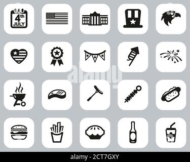 4. Juli Icons Black & White Flat Design Set Groß Stock Vektor