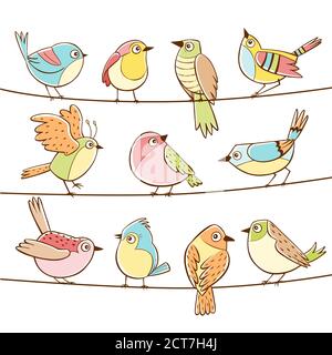 Sammlung von verschiedenen niedlichen kleinen Vögeln auf einer Schnur gelegt. Bunte handgezeichnete kleine Vögel. Vektorgrafik. Stock Vektor