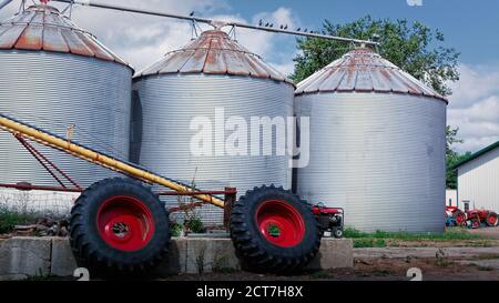 Zwei große Traktorreifen mit leuchtend roten Felgen sitzen vor drei Silberkornsilos auf einem bewirtschafteten Bauernhof. Im Hintergrund ist ein leuchtend roter Traktor Stockfoto