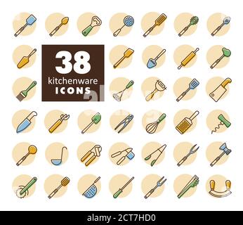 Vektor-Icon-Set für Küchenutensilien und Küchengeräte. Graph Symbol für Kochen Website und Apps Design, Logo, App, UI Stock Vektor