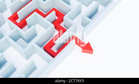 Labyrinth oder Labyrinth mit Lösung 3D Rendering Illustration mit Kopierraum. Roter Pfeil zeigt den Weg zum Ausgang an. Ein Rätsel lösen, ein Problem, eine iss Stockfoto