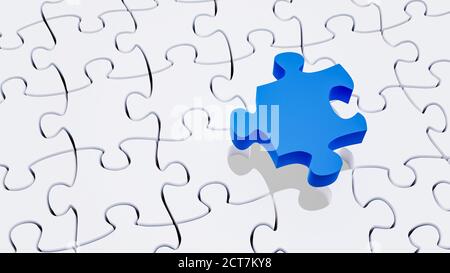 Fehlende blaue Stück Abschluss eines weißen Puzzle. Rätselraten, Lösungen, IQ-Konzepte. Horizontale 3D-Rendering-Illustration mit Kopierraum. Stockfoto