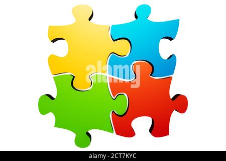 Verbunden bunte Puzzle Teile oder Teile isoliert auf einem weißen Hintergrund. Teamarbeit, Teambildung, Solidarität, Synergie, Zusammenarbeit, Lösung Stockfoto