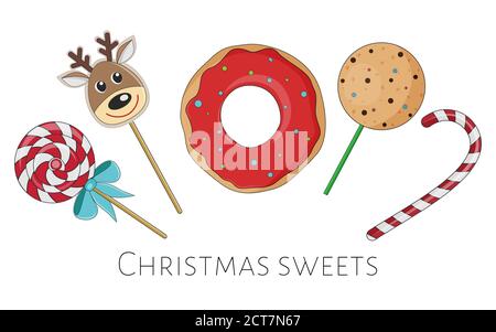Weihnachten bunte Süßigkeiten isoliert auf weißem Hintergrund, Vektor-Illustration. Stock Vektor