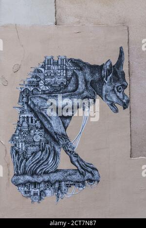 Graffiti in der Nähe von Notre Dame. Paris, Frankreich - Juli 28 2018. Stockfoto
