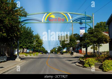 Willkommen Zeichen Grand Bend Ontario Kanada. Grand Bend ist eine Strandstadt am Ufer des Lake Huron. Stockfoto