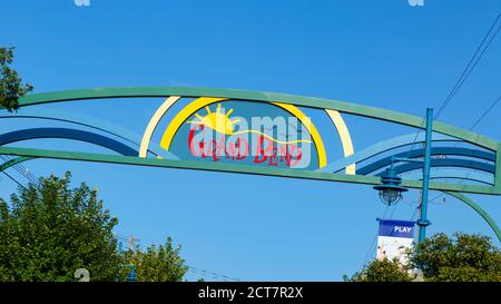 Willkommen Zeichen Grand Bend Ontario Kanada. Grand Bend ist eine Strandstadt am Ufer des Lake Huron. Stockfoto