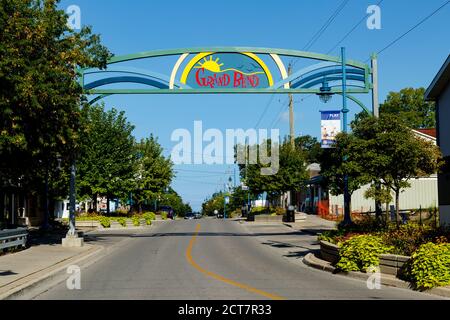 Willkommen Zeichen Grand Bend Ontario Kanada. Grand Bend ist eine Strandstadt am Ufer des Lake Huron. Stockfoto