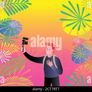 Mann nimmt Video mit Digitalkamera vor der bunten Vegetation. Vektor-Illustration für Reiseblogger. Stock Vektor