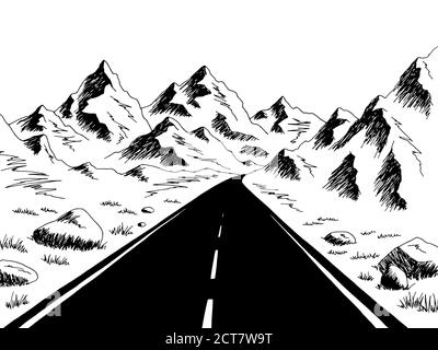 Mountain Road Grafik schwarz weiß Landschaft Skizze Illustration Vektor Stock Vektor