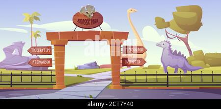 Jurassic Park Tore mit Hinweisen auf Dinosaurier Triceratops, pteranodon, stegosaurus, oviraptor Bereiche. Outdoor Dino Zoo mit prähistorischen Ära Landschaftsbau, Felsen und Palmen Cartoon-Vektor-Illustration Stock Vektor