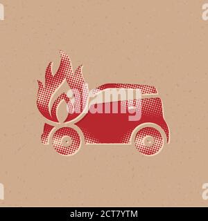 Auto auf Feuer Symbol in Halbton-Stil. Grunge Hintergrund Vektor Illustration. Stock Vektor