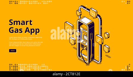 Smart Gas App-Banner. Digitaler Service für die Kontrolle des Kraftstoffs im Auto. Vector Landing Page der Handy-Anwendung zum Nachfüllen von Automobil mit Benzin oder Gas mit isometrischer Abbildung des Smartphones Stock Vektor