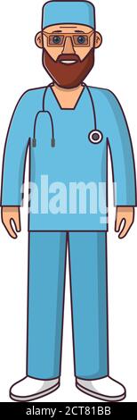Junge Arzt Charakter Cartoon.man mit Bart und Brille. Stock Vektor