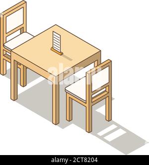 Isometrische Möbel Stühle und Tisch. Designelemente für die Innenausstattung des Hauses oder Restaurants. Stock Vektor