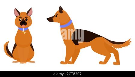Deutscher Schäferhund oder Elsässer Wolf isoliert auf weiß. Zwei Cartoon Hunde stehen und sitzen Vektor-Illustration. Heim Haustier flach Stil Stock Vektor